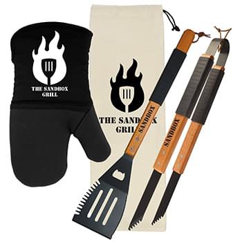Wood BBQ Set with Mitt
